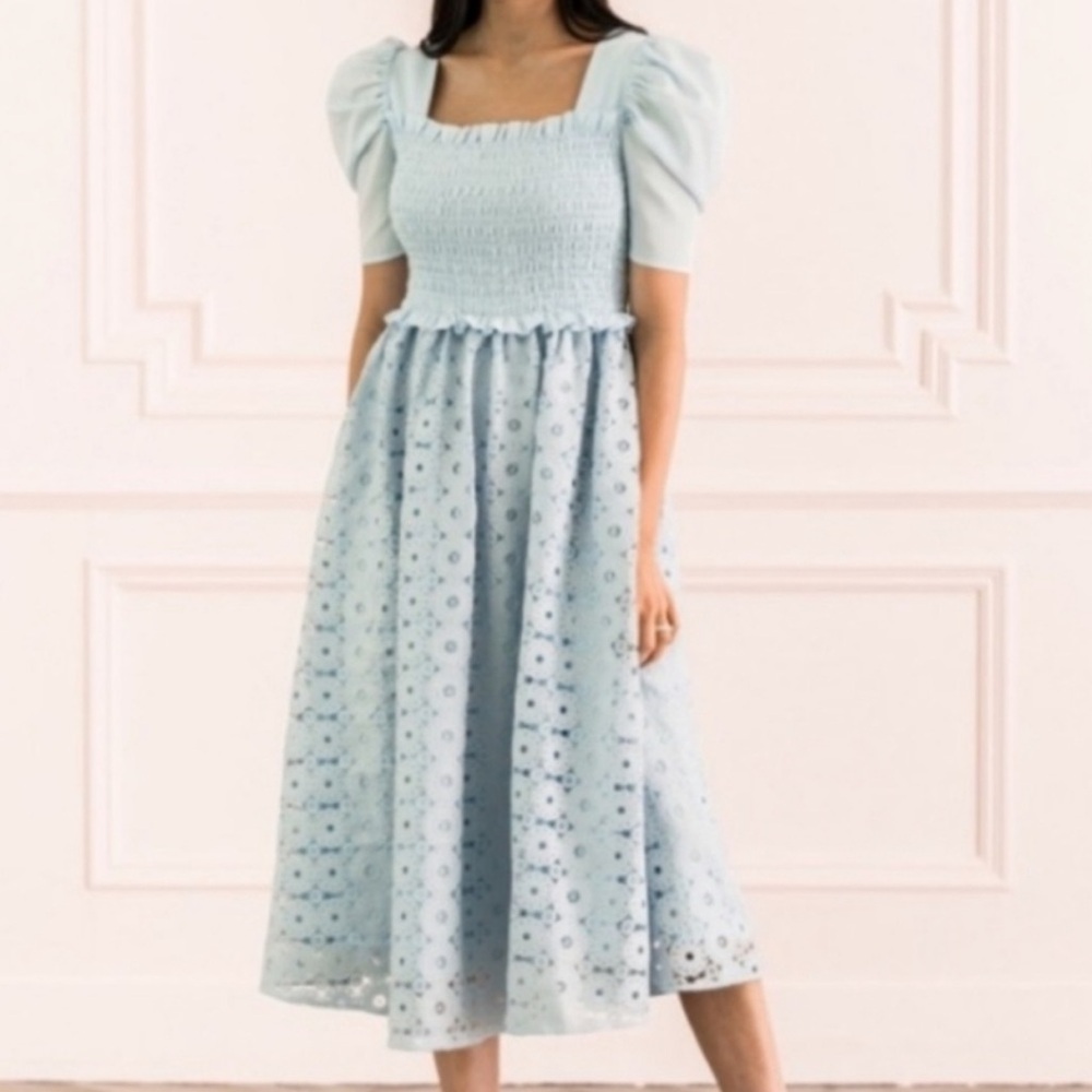 Rachel Parcell Tea Length Blue Lace Puff Sleeve Mid Length Dress